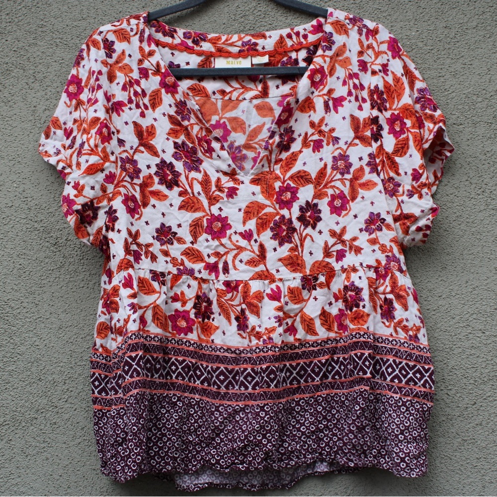 Anthropologie Maeve Floral Leaf Print Short Sleeve Blouse Womens Large